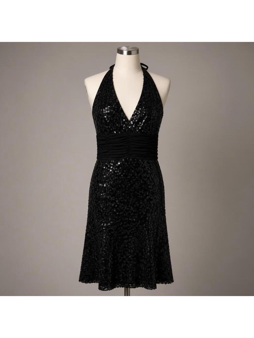 White House Black Market Black Sequin Halter Dress Size 12